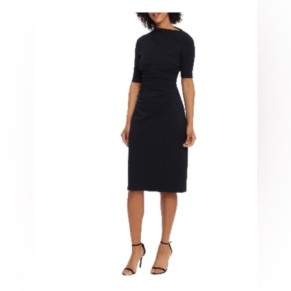 Maggy London asymmetrical neckline sheath midi dress in navy